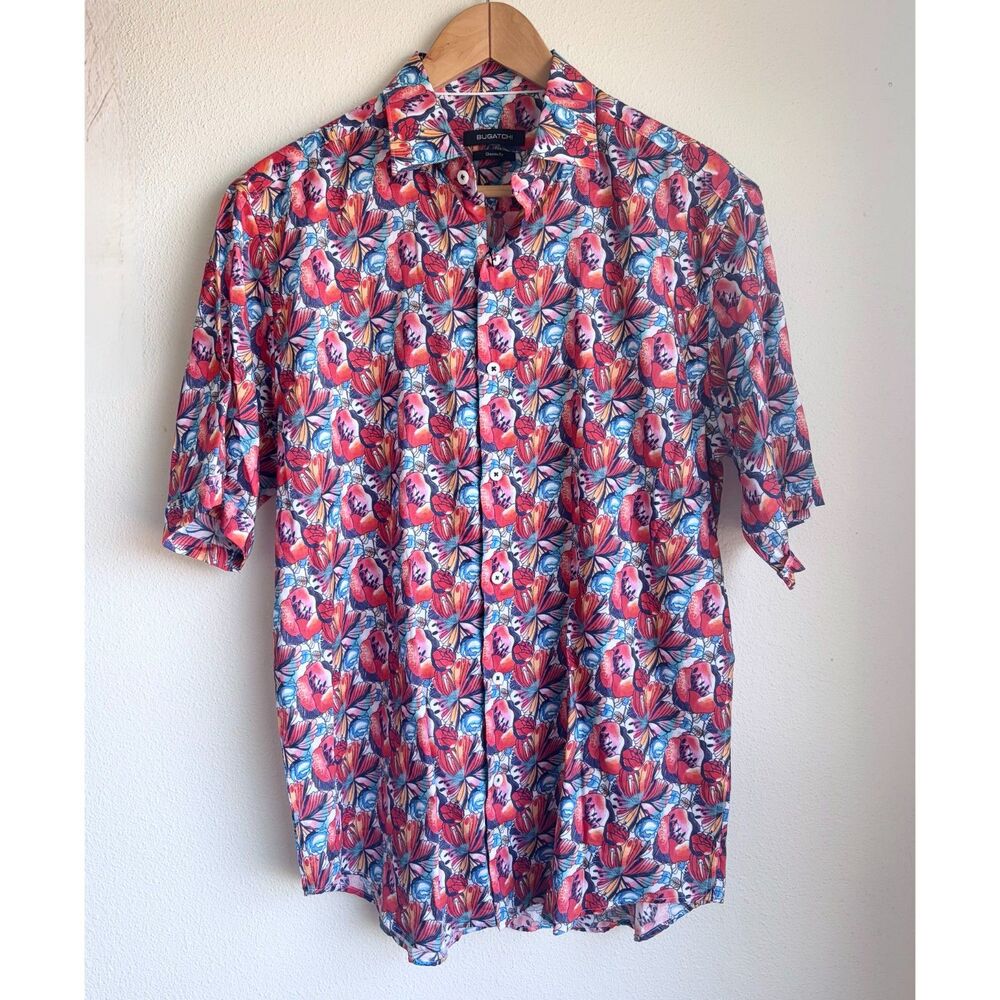 NWT BUGATCHI Classic Fit Red Floral Short Sleeve Button Down Shirt Mens Medium